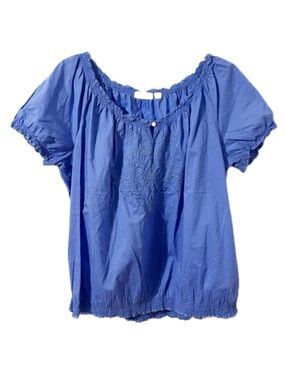 St. John’s Bay Periwinkle Blue Embroidered Peasant Blouse Keyhole Elastic Waist